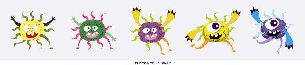 Illustration vector graphic of cute bacteria character running set collection. Vector cartoon illustration of a virus, bacteria. Simple vector illustration EPS10 isolated on white background.
