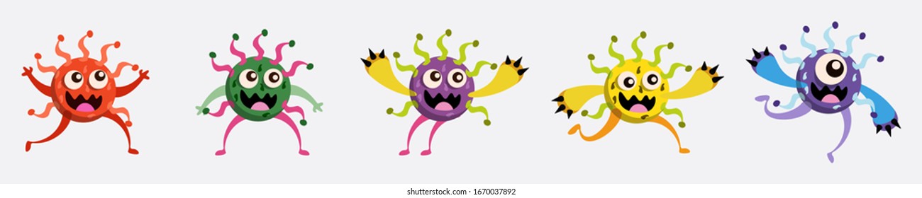 Illustration vector graphic of cute bacteria character running set collection. Vector cartoon illustration of a virus, bacteria. Simple vector illustration EPS10 isolated on white background.
