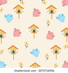 Illustration vector graphic of cute birds and spring flowers pattern