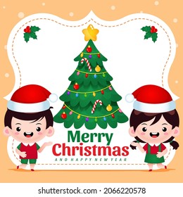 Illustration Vektorgrafik von Cute Boy und Girl Vorstellung Weihnachten mit Banner. Ideal für Weihnachtskarten, Banner, Poster, Kinderbuchcover, Kinderbuchgrafik, etc.