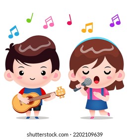 Illustration vector graphic of Cute Boy Playing Guitar And Girl Singing Song. Perfect for children books cover, children book illustration,game illustrations, game asset,animation,etc