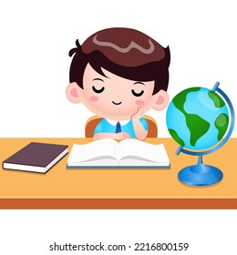 Illustration vector graphic of Cute Boy Reading A Book And Thinking. Perfect for children books cover, children book illustration,game illustrations, game asset,animation,etc