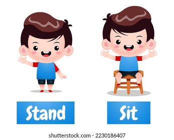 Illustration Vektorgrafik von Cute Boy Cartoon Beispiel von entgegengesetztem Word Antonim Stand und Sit. Perfekt für Kinder, die Illustrationen von Spielen, Spielobjekte, Animationen usw. buchen