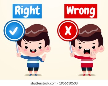 Illustration vector graphic of Cute Boys Opposite Words Right Wrong. Perfect for  children book illustrations, game illustration, banner, animation, etc.