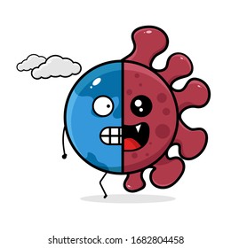 Illustration vector graphic of cute cartoon covid-19 coronavirus attacking a cute earth characters. This coronavirus icon is perfect for healthcare campaign during the lockdown.