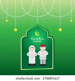 Ilustración vectorial gráfica de lindos dibujos animados niños musulmanes que están poniendo sus manos delante de sus pechos, adecuados para tarjetas de felicitación, publicaciones en medios sociales, afiches o pancartas