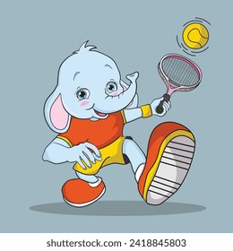 Illustration Vector Graphic of Cute Cartoon Mascot Elephant Playing Tenis. Suitable for Manufacturing T-Shirt, Sticker, Coloring Book, etc. 