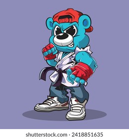 Gráfico vectorial de ilustración de caricatura de oso con traje de karate. Adecuado para la fabricación de camisetas, pegatinas, libros de colorantes, etc. 