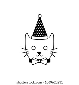 Illustration vector graphic of cute cat animal with party hat icon. Concept flat design. Perfect for poster, banner, web, symbol, application, card, template, coverbook, logo, cartoon, etc.