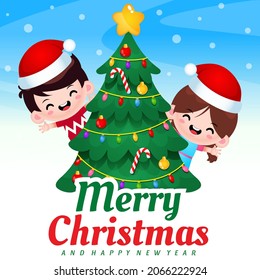Gráfico vectorial de ilustraciones de niños adorables celebrando Navidad. Perfecto para la tarjeta de navidad, pancarta, afiche, portada de libros para niños, ilustración de libros para niños, etc.