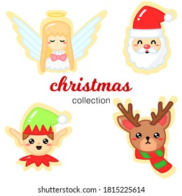 Illustration vector graphic of cute christmas collection; angel, santa claus, elves, and reindeer.