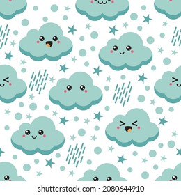 Illustration vector graphic of cute clouds kawai, rain, dots,stars seamless pattern.
Good for printing on linen, fabric, textile  and background. 
