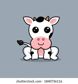 Illustration vector graphic of a cute cow sitting. Blue sky background. Fit for children print and children book cover.
