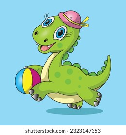 illustration vector graphic of a cute dinosaur is playing with plastic ball