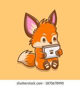 Illustration vector graphic of Cute Fox playing gadget. Animal logo concept. Flat cartoon style