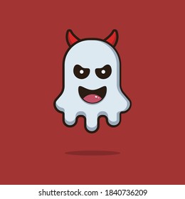 Illustration vector graphic of a cute ghost dressed in an evil. Dark red background. Good for Halloween costume designs and Halloween themed book covers.