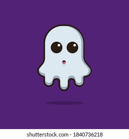 Illustration vector graphic of a cute ghost with confused face. Purple background. Suitable for Halloween costume designs and Halloween themed book covers.