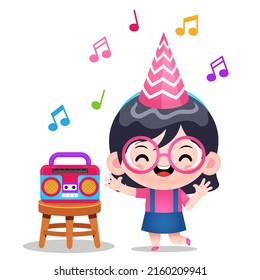 Illustration vector graphic of Cute Girl Dancing Listening Music From Radio. Perfect for children books cover, children book illustration,game illustrations, game asset,animation,etc.