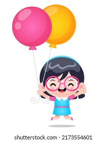 Illustration vector graphic of Cute Girl Jump With Balloon. Perfect for children books cover, children book illustration,game illustrations, game asset,animation,etc