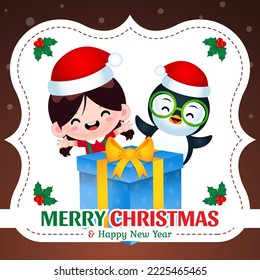 Illustration vector graphic of Cute Girl And Penguin With Christmas Gift Box Celebrating Christmas And New Year. Perfect for christmas card, banner, poster, children books cover, children book illustr