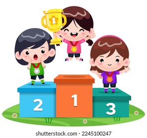 Ilustración vectorial de las niñas atletas como ganadoras de la competencia deportiva paradas en el podio. Portada perfecta para libros infantiles, ilustración de libros para niños, ilustraciones de juegos, animación, etc