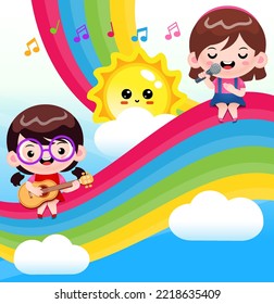 Illustration vector graphic of Cute Girls Playing Guitar and Singing Duet On The Rainbow. Perfect for children books cover, children book illustration,game illustrations, game asset,animation,etc