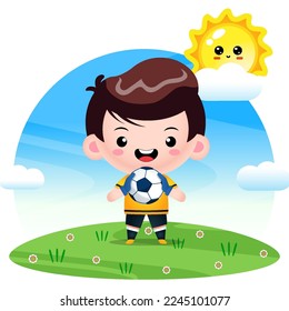 Illustration vector graphic of Cute Goalkeeper Boy With A Soccer Ball. Perfect for children books cover, children book illustration,game illustrations, game asset,animation,etc