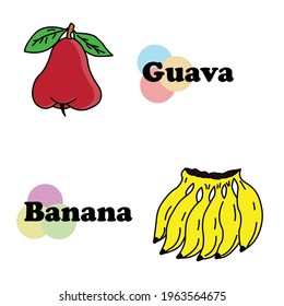 Illustration vector graphic of cute guavas and bananas are great for greeting cards, children's pictures, medicine or vitamin covers for kids and much more