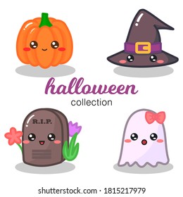 Illustration vector graphic of cute halloween collection; pumpkin, witch hat, tombstone, and ghost.