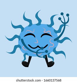 Illustration Vektorillustration Grafik von süßen glücklichen Bakterien einzeln auf hellblauem Hintergrund. Konzeption des Bakteriologie-Konzepts. Cute Cartoon Keim im flachen Design. Vektorillustration, Abbildung EPS10.
