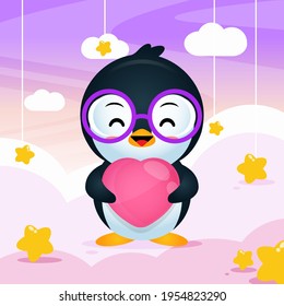 Illustration vector graphic of Cute Happy Penguin Holding Love. Perfect for  Valentine Event, Valentine Card,children book cover, children book illustrations, wallpaper, kid's brochure, puzzle, etc