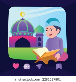 illustration vector graphic, cute little boy reading the qur'an in the month of ramadan