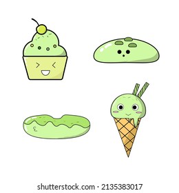 Illustration Vector Graphic Of Cute Matcha Sweet Dessert For Food Sticker And Art Journal Icon With Emoticon