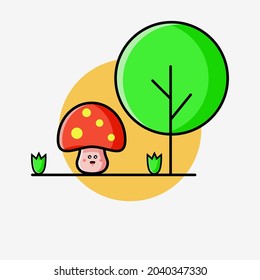 Illustration of vector graphic cute mushroom character with tree