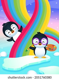 Illustration vector graphic of Cute Penguin Painting Rainbow With Happy Penguin. Perfect for children books cover, children book illustration,game illustrations, game asset,animation,etc.