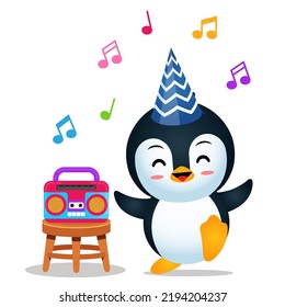 Illustration vector graphic of Cute Penguin Dancing Listening Music From Radio. Perfect for children books cover, children book illustration,game illustrations, game asset,animation,etc