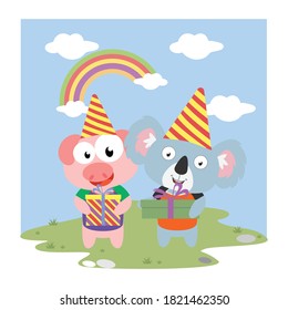 illustration vector graphic of cute pig and koala birthday