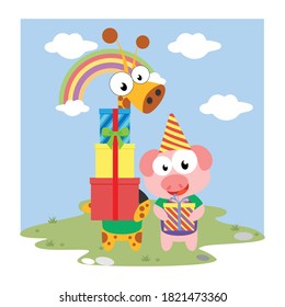 illustration vector graphic of cute pig and giraffe birthday