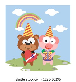 illustration vector graphic of cute pig and bear birthday
