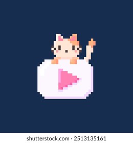 Illustration vector graphic of cute play button with kitten on top in pixel art style