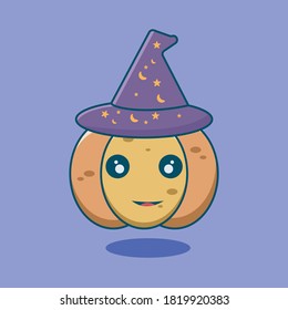 illustration vector graphic of cute pumpkins with hat the wizard. Perfect for halloween invitations , background , sticker , mascot , logo etc