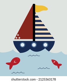 Illustration vector graphic of cute sailboat. Concept flat design. Perfect for cartoon, decoration, icon, poster, banner, web, label, symbol, card, template, application, etc.