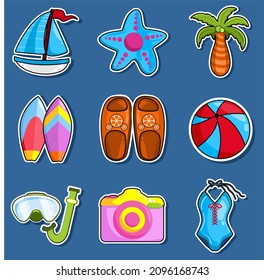 illustration vector graphic Cute set with summer icons: boat, starfish, coconut tree, surf gear, slippers, ball, Isolated on dark blue background