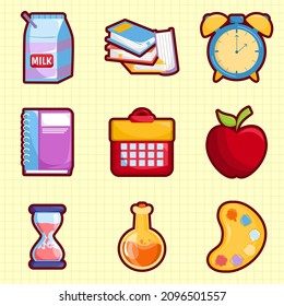illustration vector graphic Cute set with back to shool icons: milk, book, o'clock, calendar, apple, Isolated on yellow background