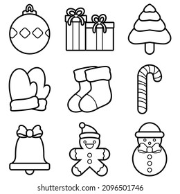 illustration vector graphic Cute set with christmas icons sketch: lamp, gifts, christmas tree, socks, gloves, candy, Isolated on white background