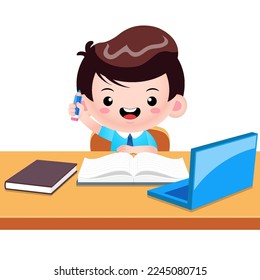 Illustration vector graphic of Cute Smart Boy Hand Up Holding Pencil Having Great Idea In Class. Perfect for children books cover, children book illustration,game illustrations, animation,etc