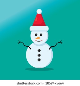 Ilustración vectorial gráfica del lindo muñeco de nieve usando sombrero santa claus. Fondo azul. Perfecto para íconos de Navidad, stickers de Navidad, portadas de libros de Navidad.