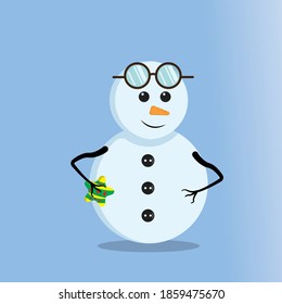 Illustration, Vektorgrafik süßer Schneemann mit Brille. Blauer Hintergrund. Gut für Weihnachtssymbole, Weihnachtssticker, Weihnachtsbuchhüllen.