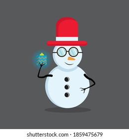 Illustration vector graphic of the cute snowman wearing red hat holding christmas light. Gray background. Fit for Christmas icons, Christmas stickers, Christmas book covers.