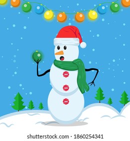 Illustration vector graphic of the cute snowman using santa hat and green scarf holding green christmas light. Blue background. Suitable for Christmas icons, Christmas stickers, Christmas book covers.